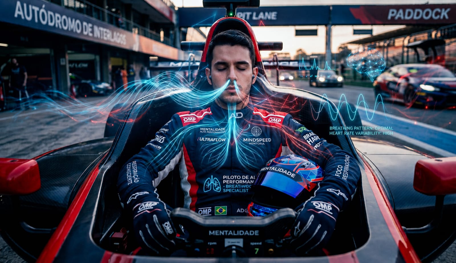 Piloto de F1 sentado no cockpit no Autódromo de Interlagos, olhos fechados, respiração consciente visualizada em ondas azuis ao redor da cabeça, padrão de batimentos e onda cerebral em sobreposição