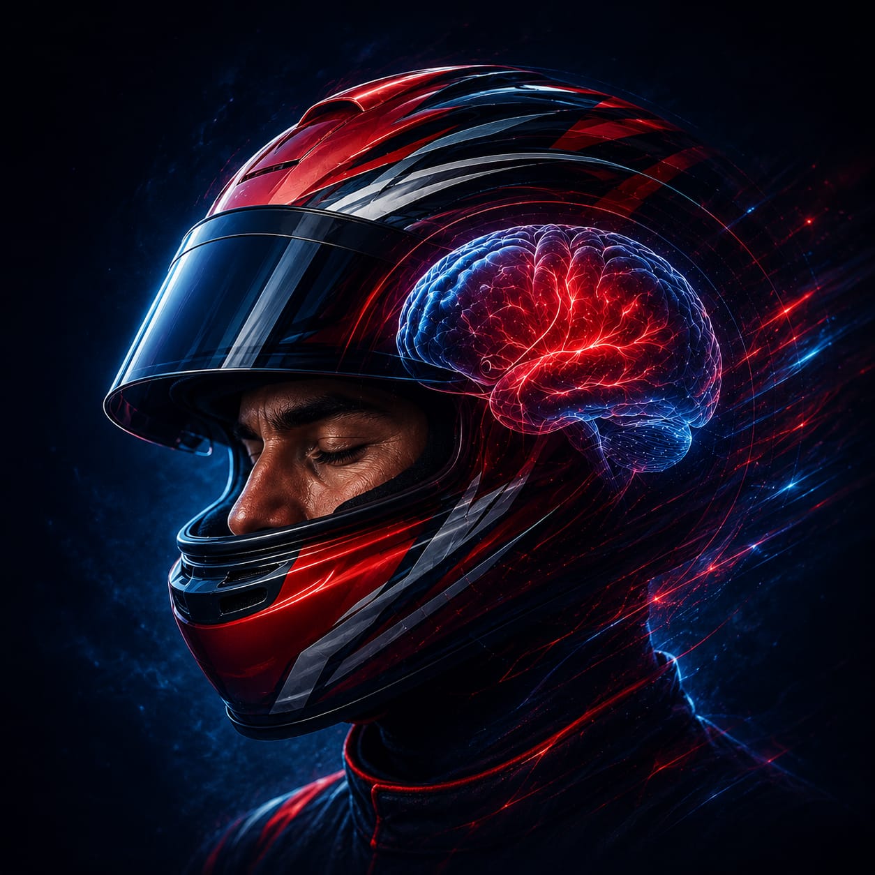 Perfil de piloto com capacete vermelho e preto, olhos fechados, cérebro luminoso em azul e vermelho sobreposto ao capacete simbolizando foco mental