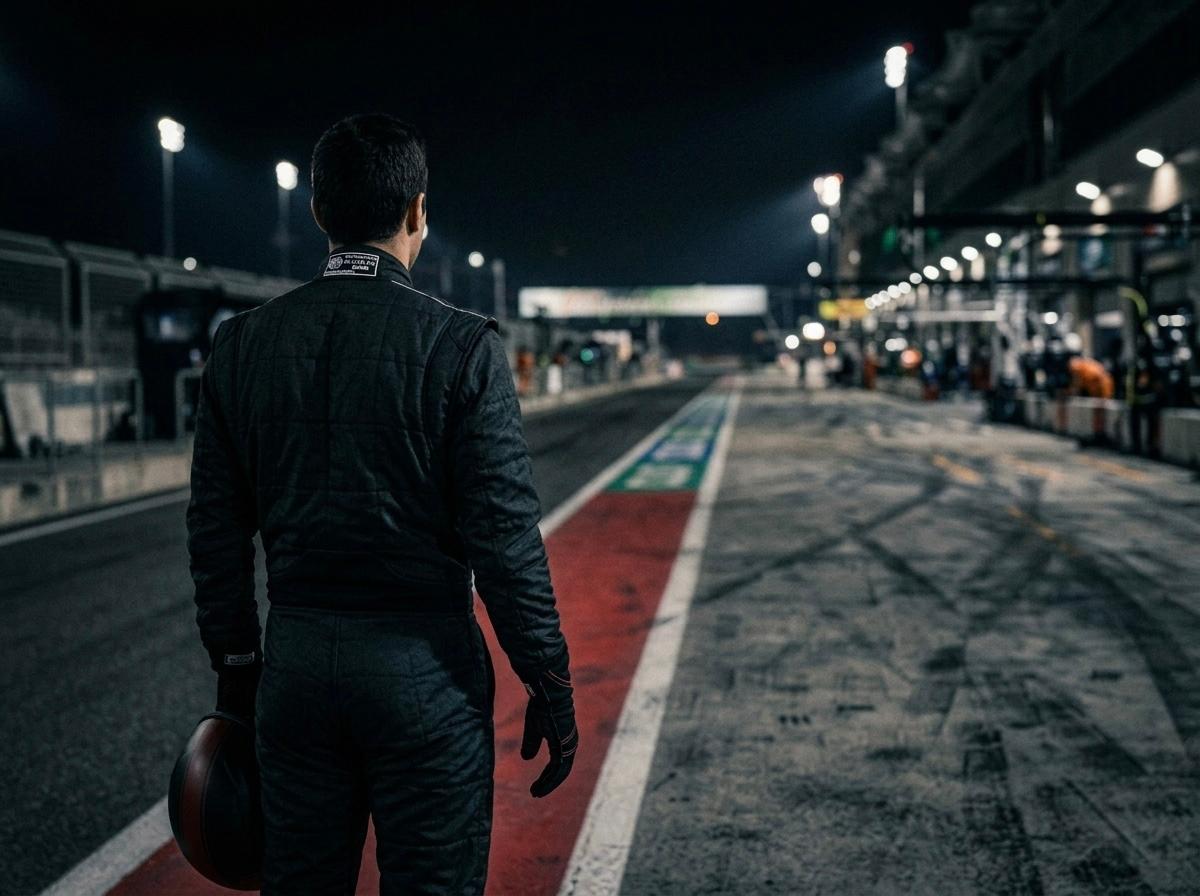Piloto de costas caminhando pela pit lane com capacete na mão